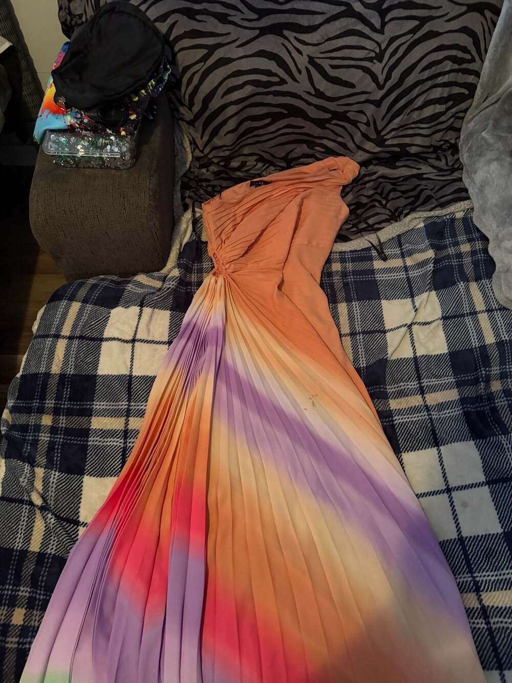 Nicole Miller One-Shoulder Pleated Ombre Maxi Dress